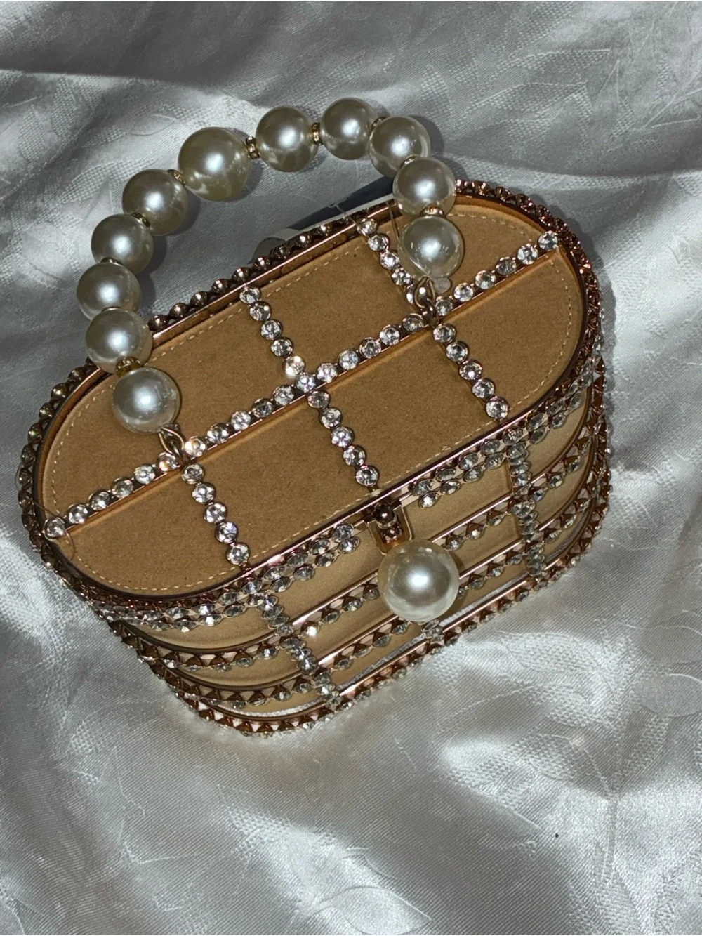 Pearl with Rhinestone Handbag in Rose Gold